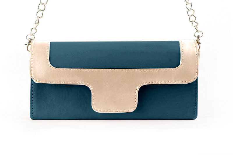 Women's peacock blue and gold luxurious elegant clutch for ceremonies, weddings and evenings out. - Profile view